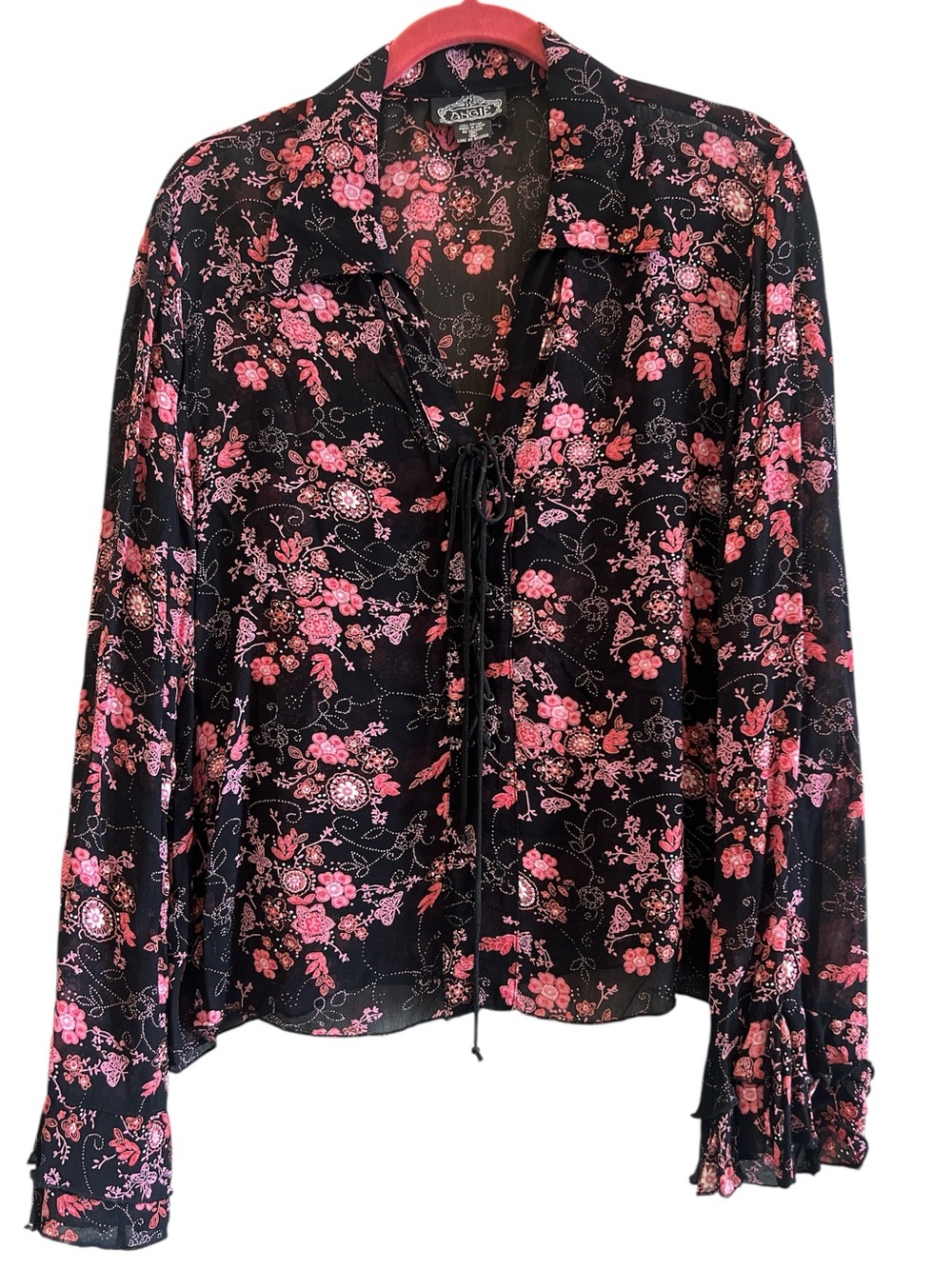 Angie Sheer Floral Blouse Black Pink Lace Up Bell Sleeve Boho Whimsigoth
